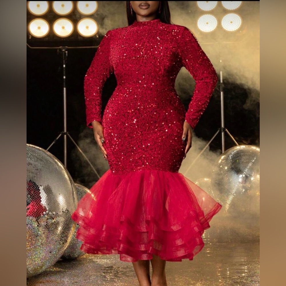 #627 Red sweetheart neckline sequin, velvet one shoulder midi dress 2X